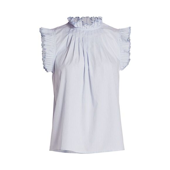 Frame Boho Ruffle Pleated Sleeveless Pinstripe Top Blue/White Sz M Retail $255 - Picture 1 of 14